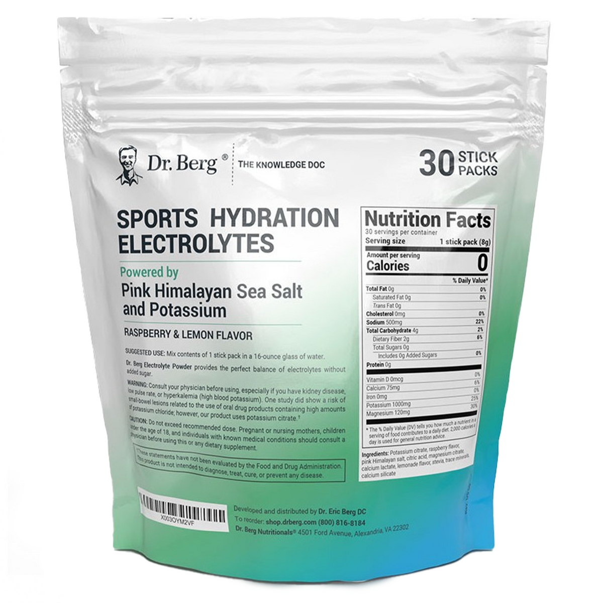 Doctor Berg UK Sports Hydration Electrolytes Raspberry & Lemon, 30 Stick Packs