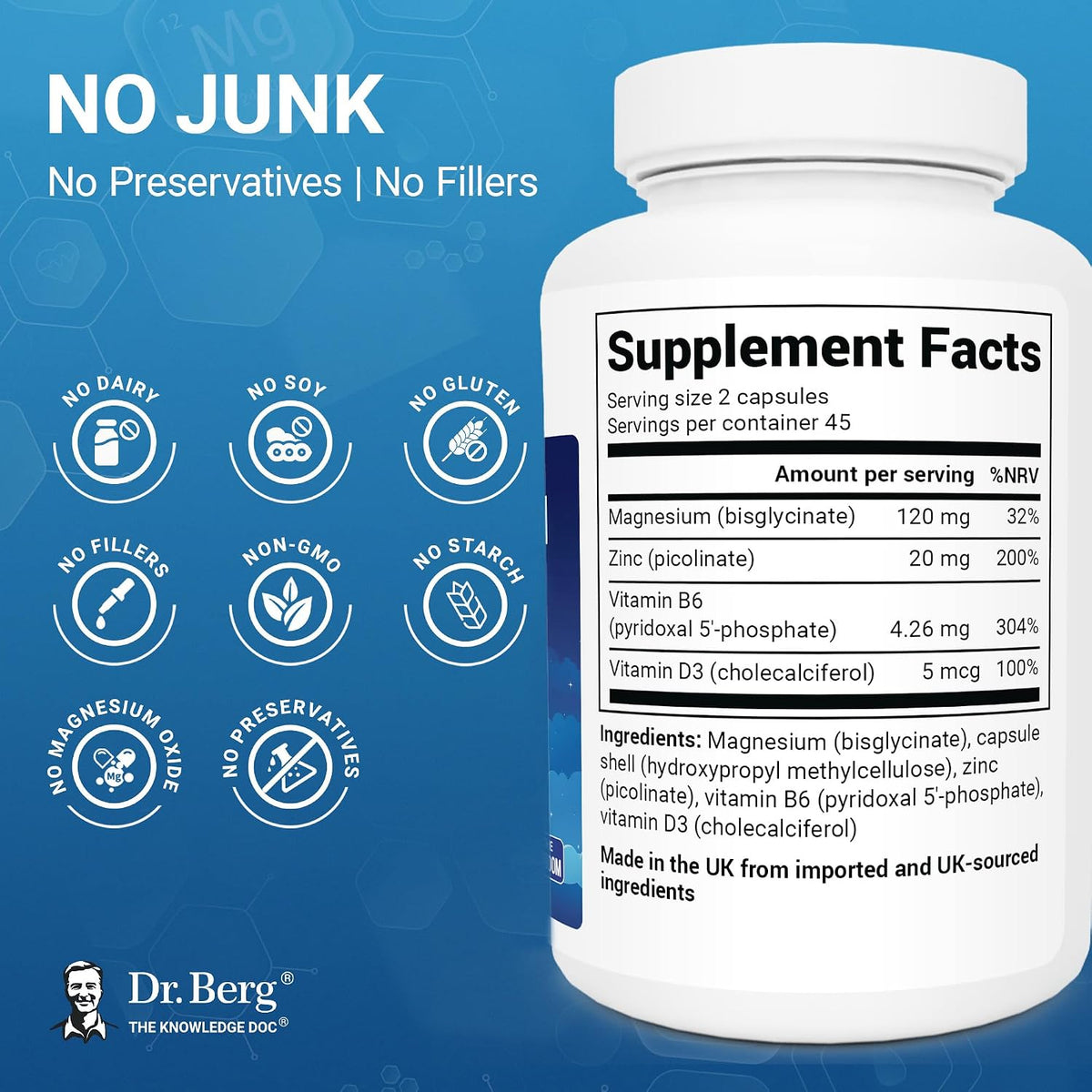 Dr. Berg UK Magnesium Glycinate 120 mg – 90 Veggie Capsules