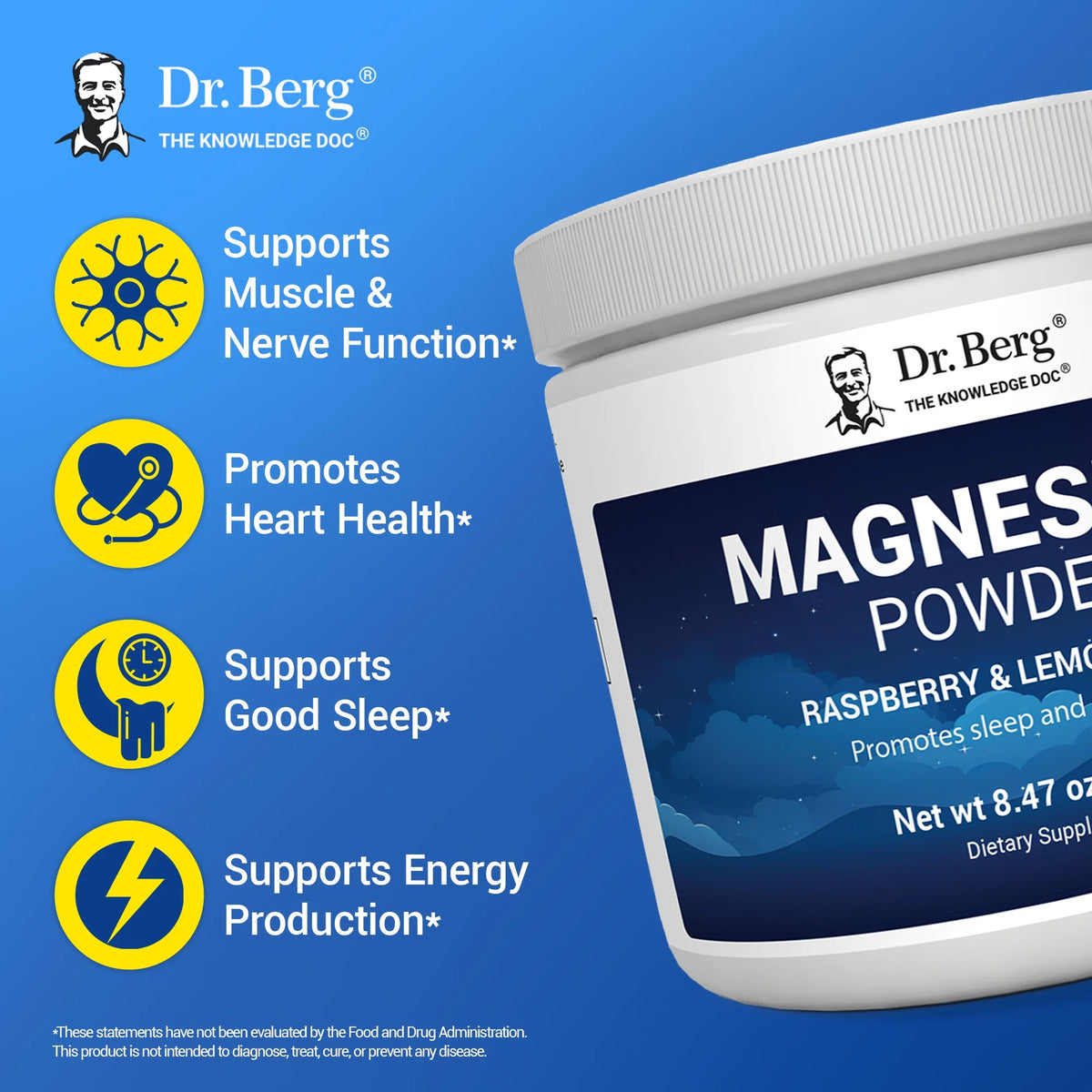 Doctor Berg UK Magnesium Powder Drink Raspberry Lemon, 50 Servings
